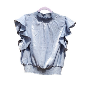 Pleione Blue Silky Ruffle Short Sleeves‎ Blouse Tops Size XL NWT